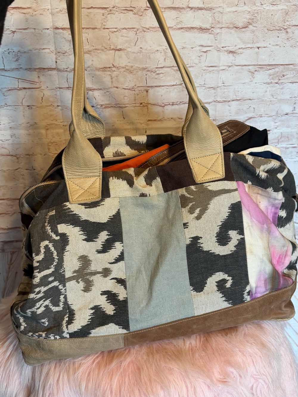 Vintage Veeshee custom patchwork leather & canvas bohemian/aztec duffle